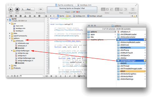 Drag ofxSprite addon into XCode