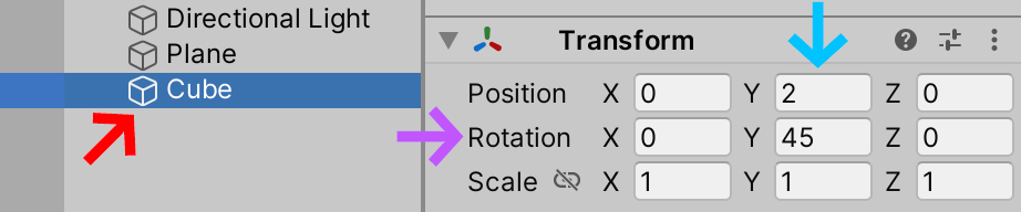 Unity Cube Transform Settings